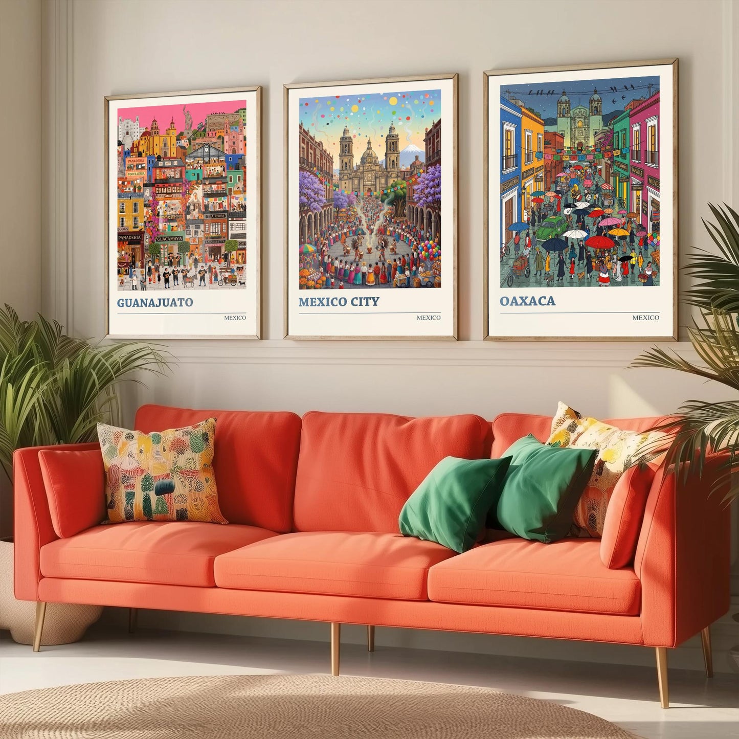Mexico Set of Three Art Prints - Guanajuato, Mexico City, Oaxaca - 3 Colourful Folk Illustration Travel Posters - Mexican Painting