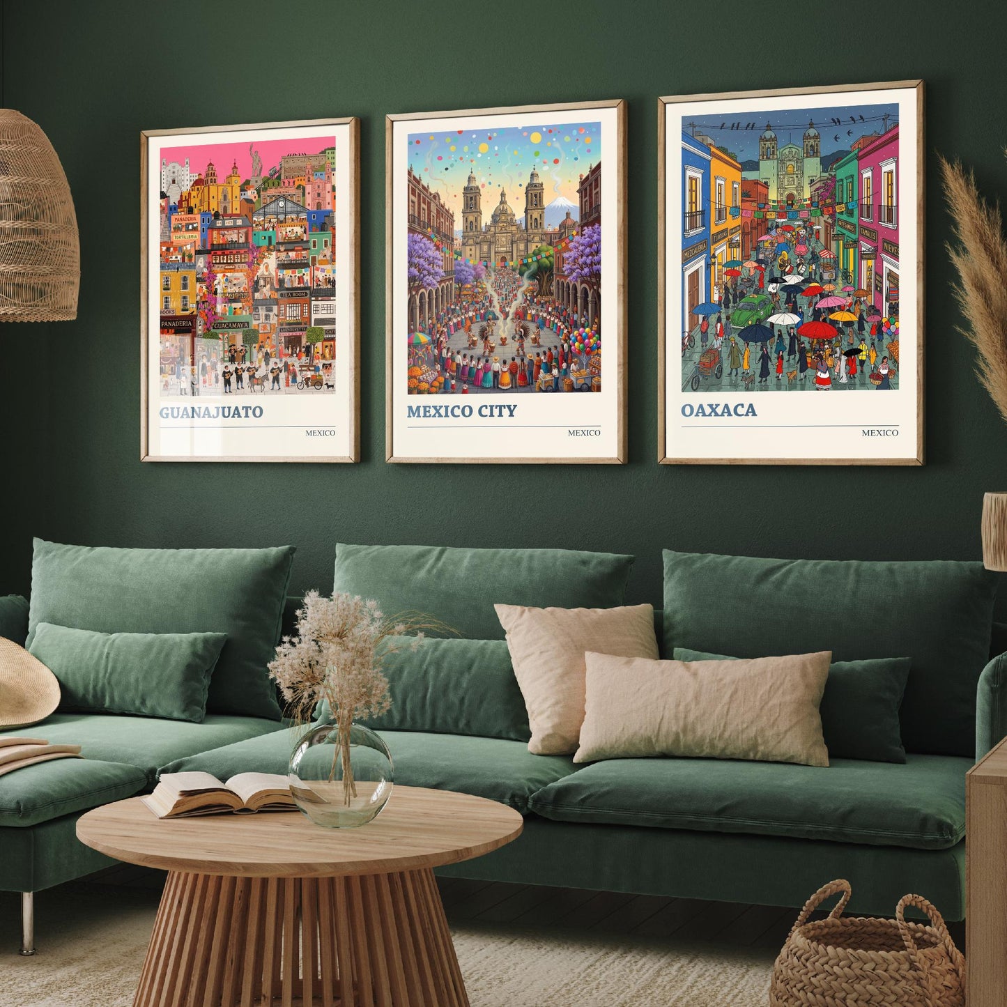 Mexico Set of Three Art Prints - Guanajuato, Mexico City, Oaxaca - 3 Colourful Folk Illustration Travel Posters - Mexican Painting