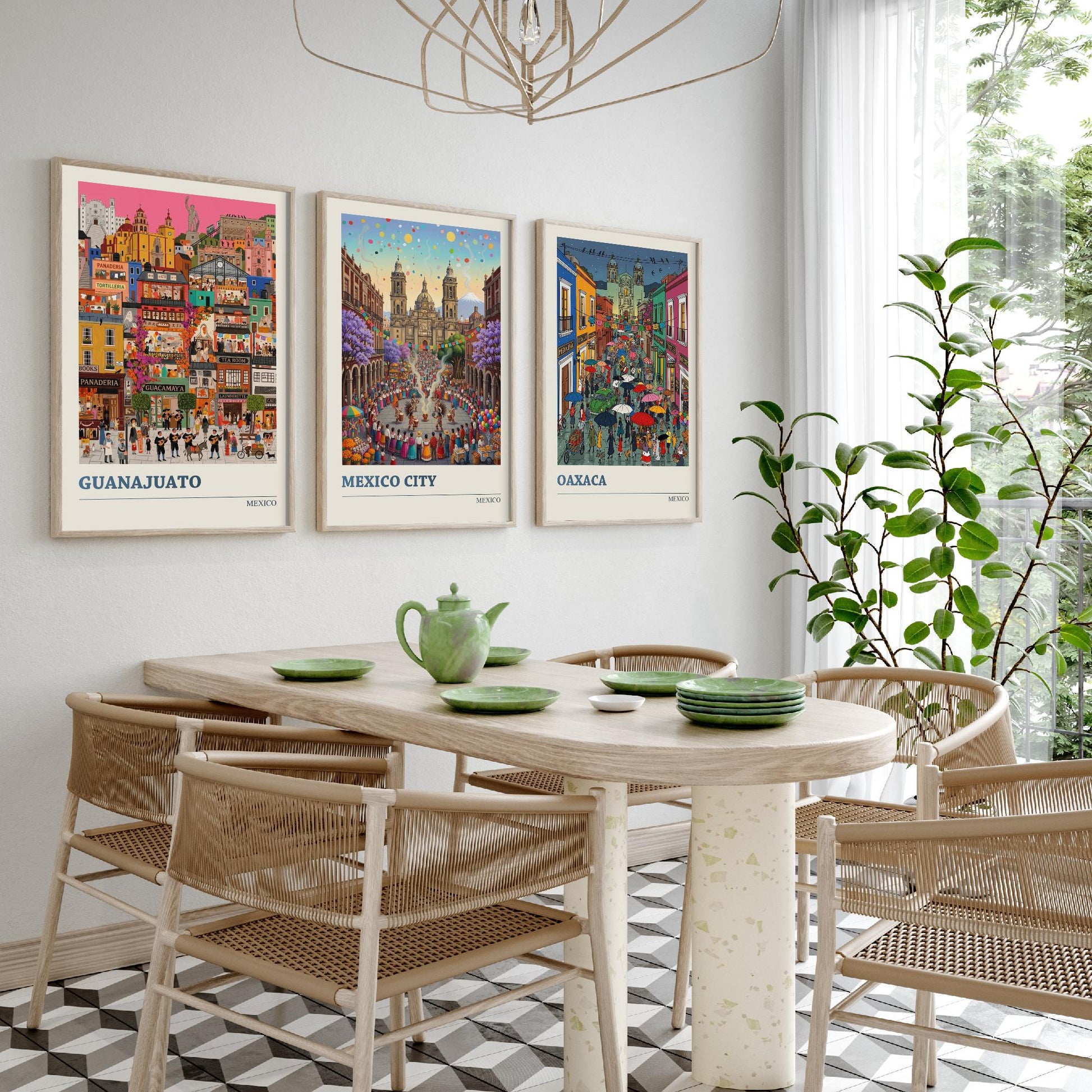 Mexico Set of Three Art Prints - Guanajuato, Mexico City, Oaxaca - 3 Colourful Folk Illustration Travel Posters - Mexican Painting