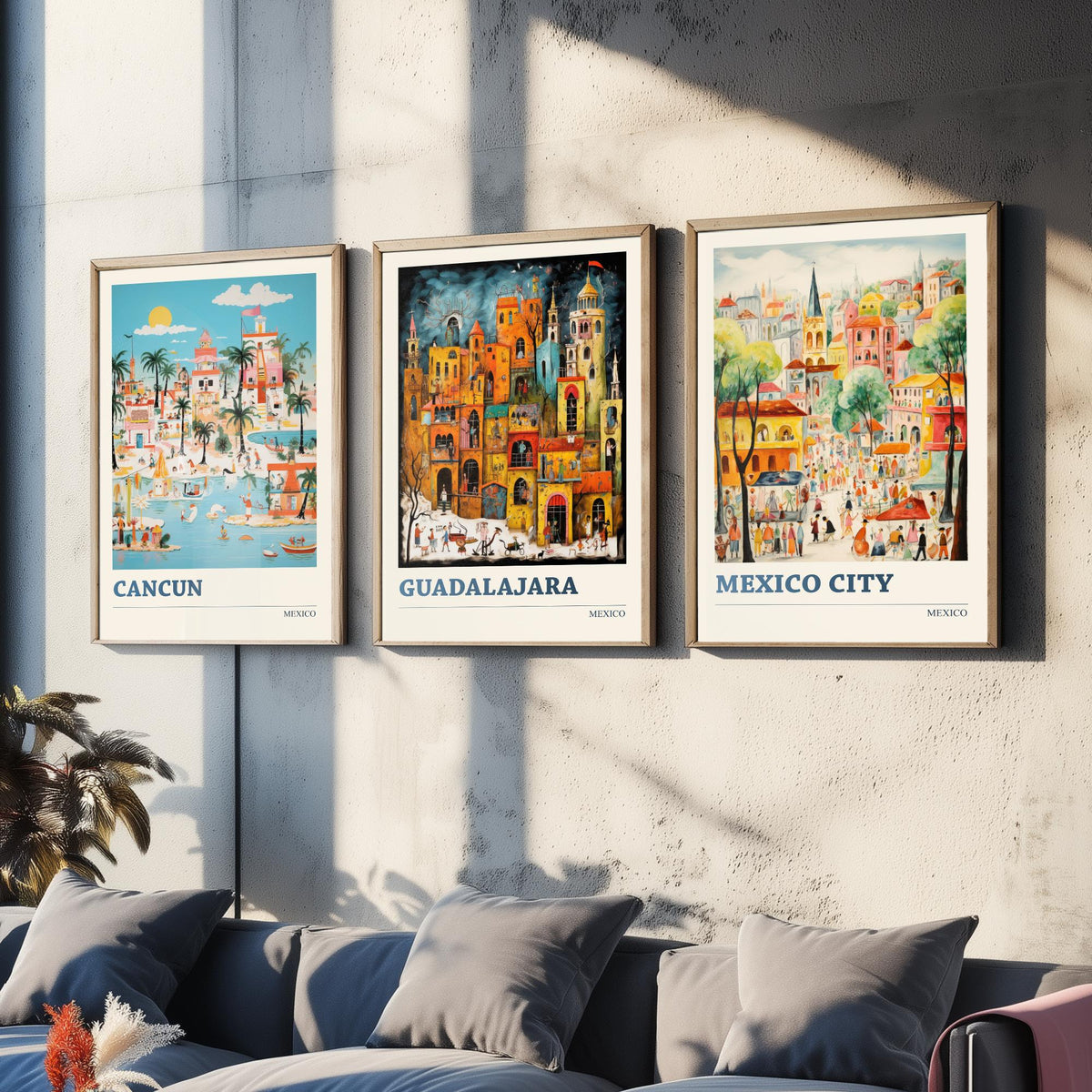 Mexico Set of Three Travel Posters - Cancun, Guadalajara, Mexico City - Ludwig Folk Art Prints - Naive Painting