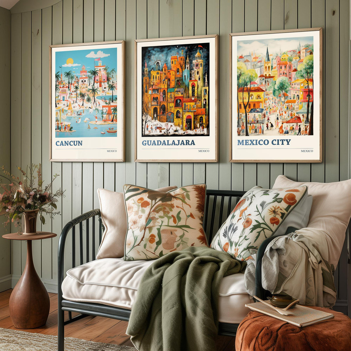 Mexico Set of Three Travel Posters - Cancun, Guadalajara, Mexico City - Ludwig Folk Art Prints - Naive Painting
