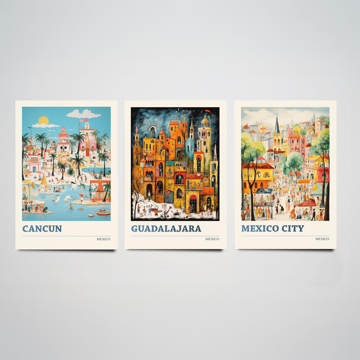 Mexico Set of Three Travel Posters - Cancun, Guadalajara, Mexico City - Ludwig Folk Art Prints - Naive Painting