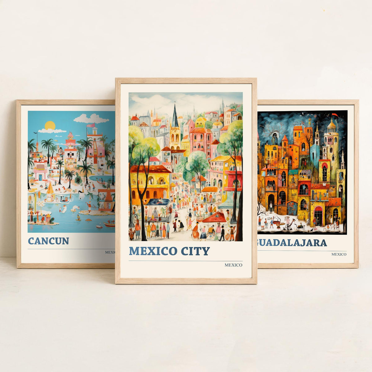 Mexico Set of Three Travel Posters - Cancun, Guadalajara, Mexico City - Ludwig Folk Art Prints - Naive Painting