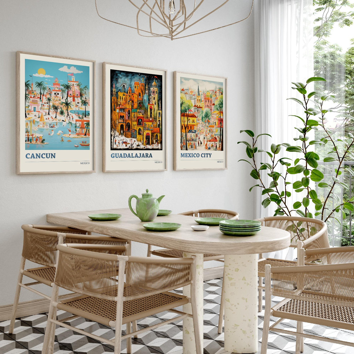 Mexico Set of Three Travel Posters - Cancun, Guadalajara, Mexico City - Ludwig Folk Art Prints - Naive Painting