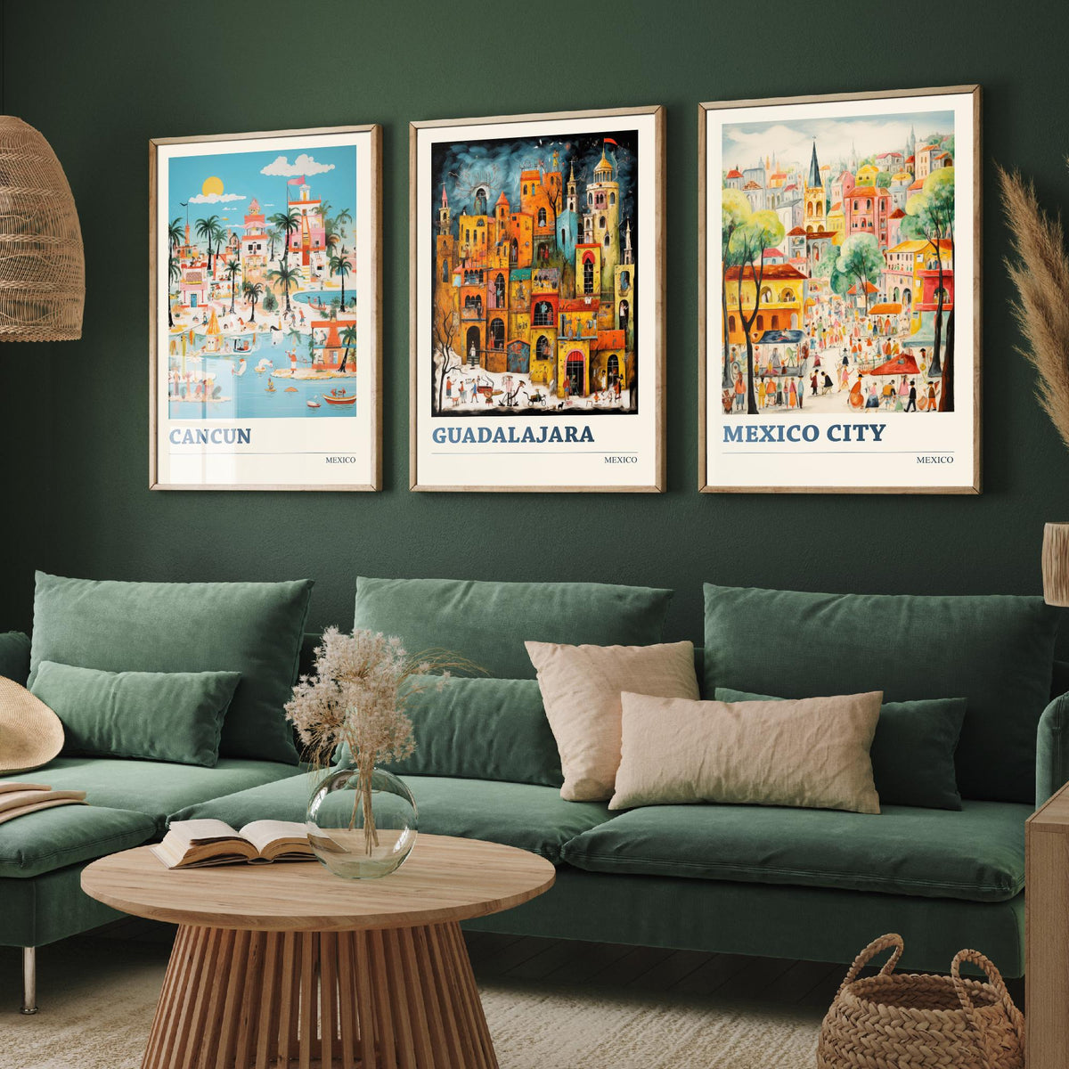Mexico Set of Three Travel Posters - Cancun, Guadalajara, Mexico City - Ludwig Folk Art Prints - Naive Painting