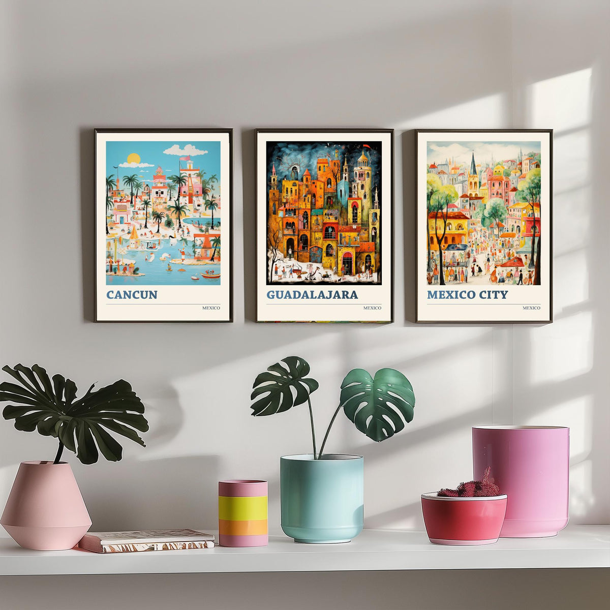 Mexico Set of Three Travel Posters - Cancun, Guadalajara, Mexico City - Ludwig Folk Art Prints - Naive Painting