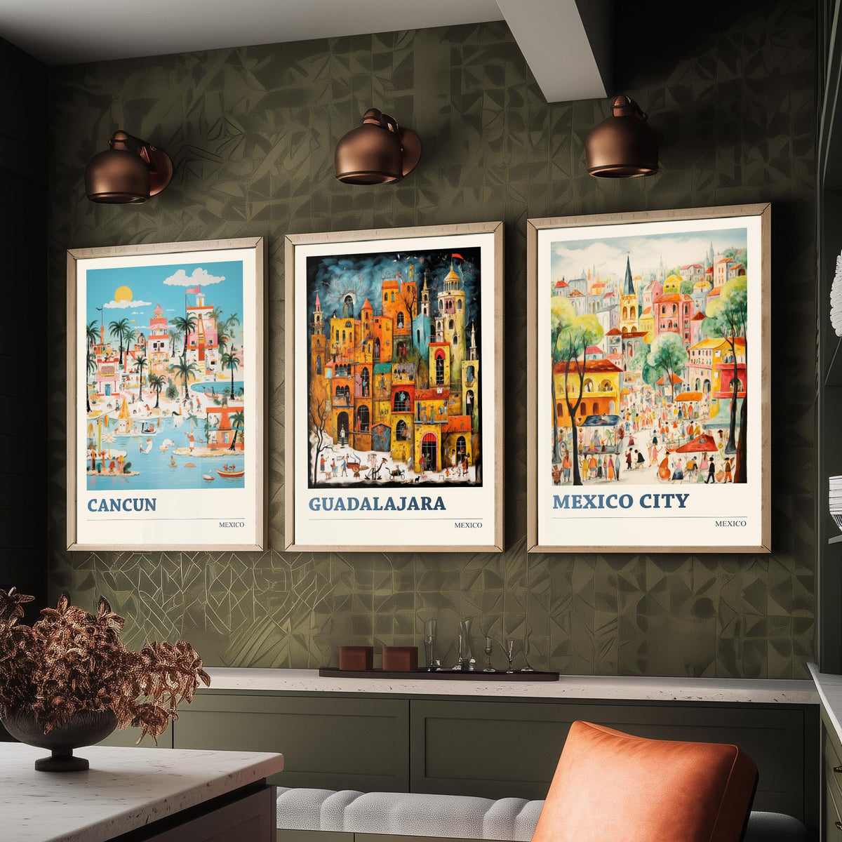 Mexico Set of Three Travel Posters - Cancun, Guadalajara, Mexico City - Ludwig Folk Art Prints - Naive Painting