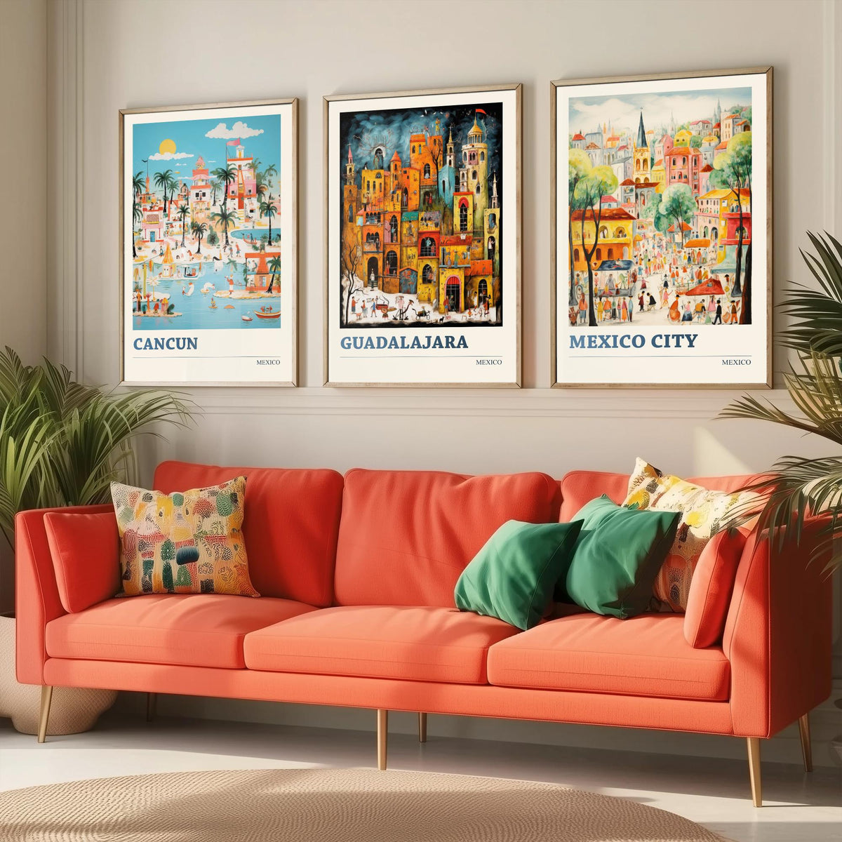 Mexico Set of Three Travel Posters - Cancun, Guadalajara, Mexico City - Ludwig Folk Art Prints - Naive Painting