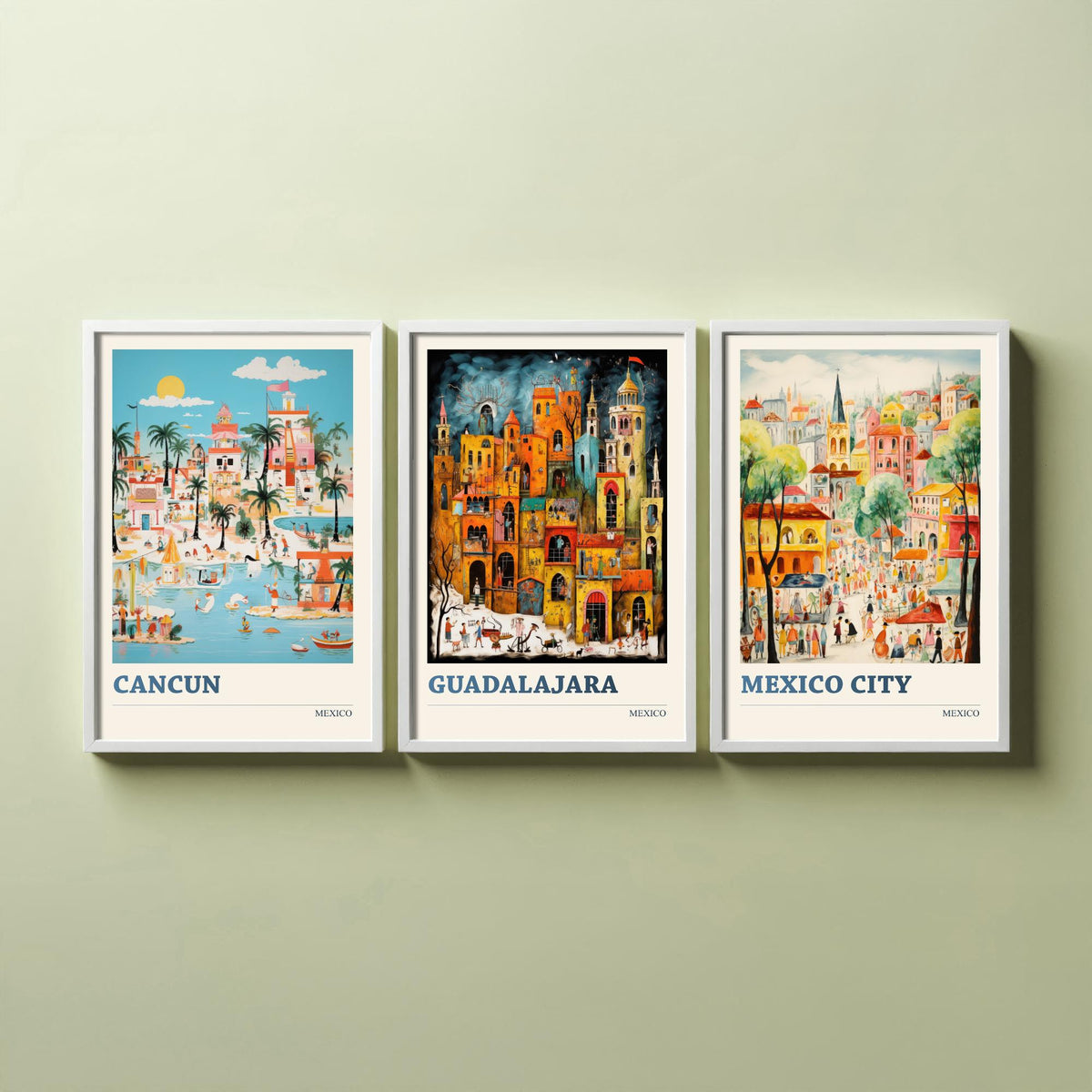 Mexico Set of Three Travel Posters - Cancun, Guadalajara, Mexico City - Ludwig Folk Art Prints - Naive Painting
