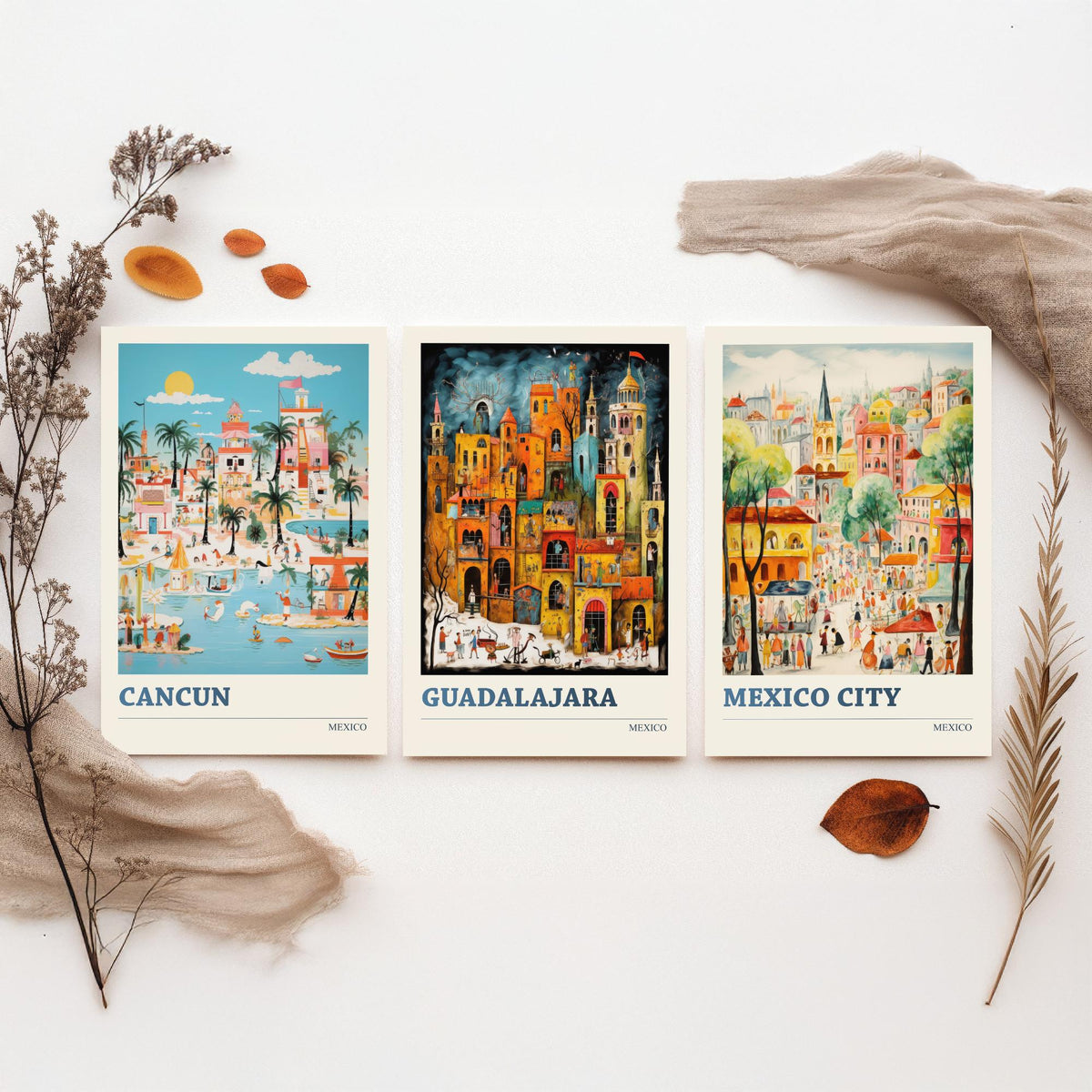 Mexico Set of Three Travel Posters - Cancun, Guadalajara, Mexico City - Ludwig Folk Art Prints - Naive Painting