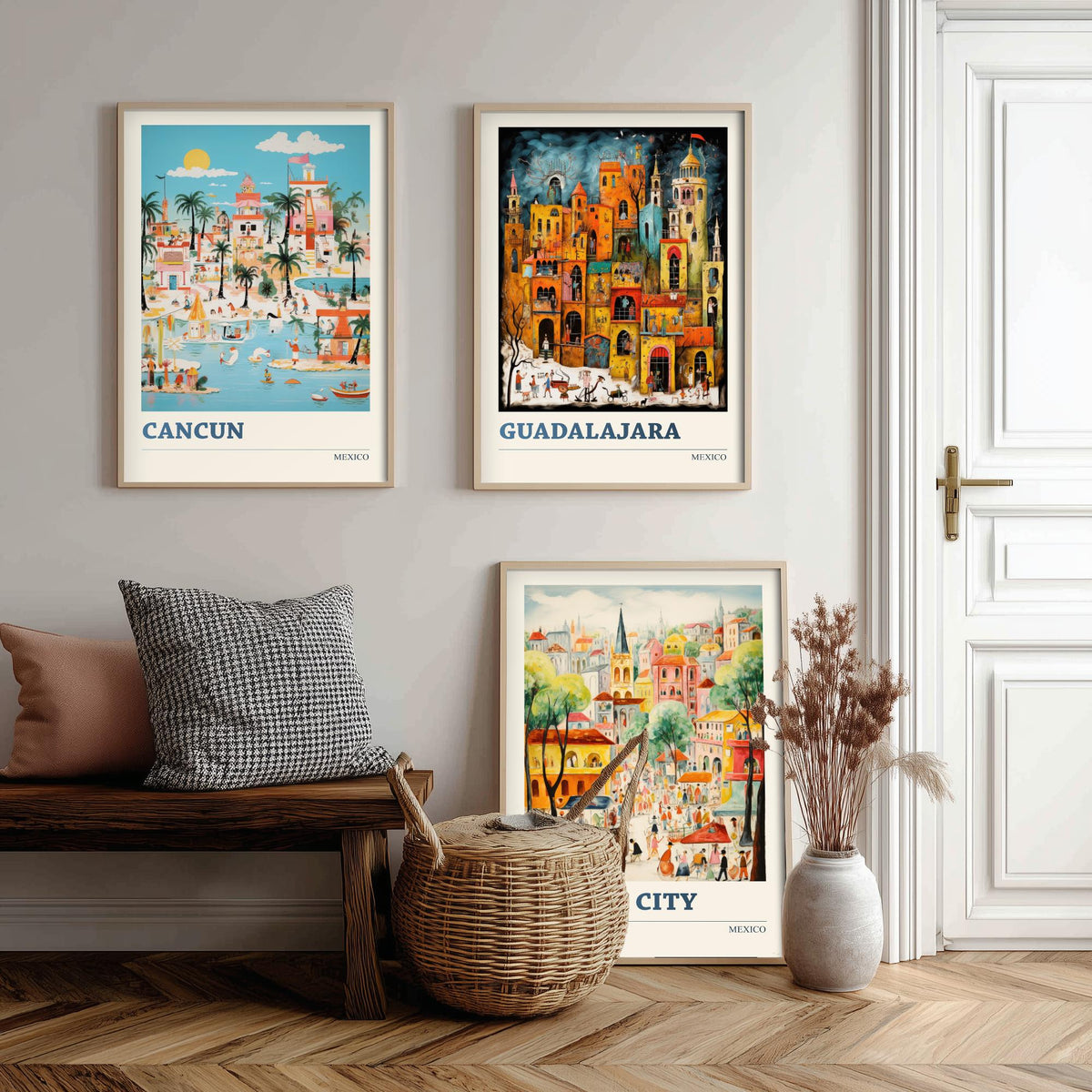 Mexico Set of Three Travel Posters - Cancun, Guadalajara, Mexico City - Ludwig Folk Art Prints - Naive Painting