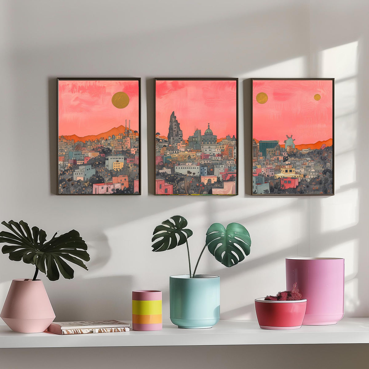 Mexico City Set of Three Prints | Pink Grey Skyline Three Gold Suns | Coral Cityscape Travel Art Print Poster Illustration