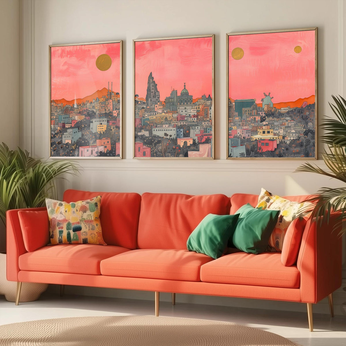 Mexico City Set of Three Prints | Pink Grey Skyline Three Gold Suns | Coral Cityscape Travel Art Print Poster Illustration