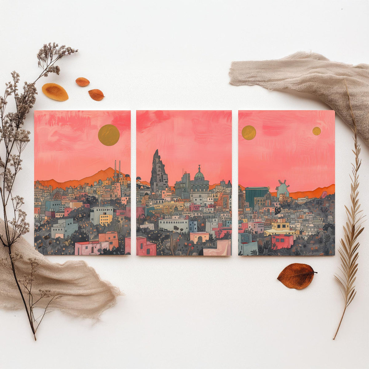 Mexico City Set of Three Prints | Pink Grey Skyline Three Gold Suns | Coral Cityscape Travel Art Print Poster Illustration