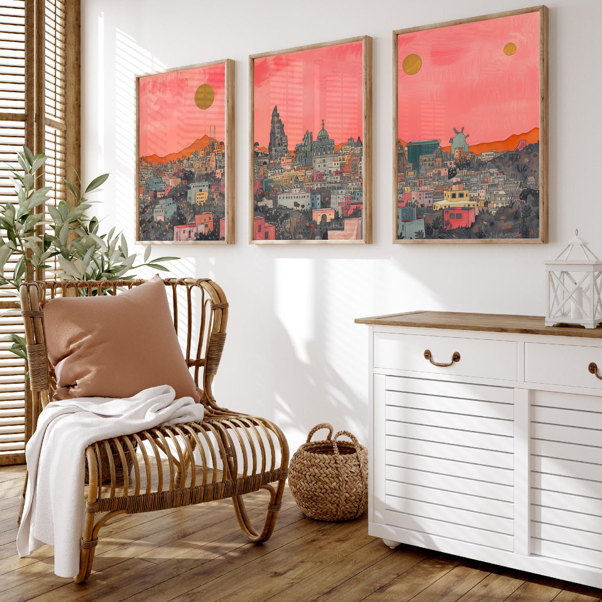 Mexico City Set of Three Prints | Pink Grey Skyline Three Gold Suns | Coral Cityscape Travel Art Print Poster Illustration
