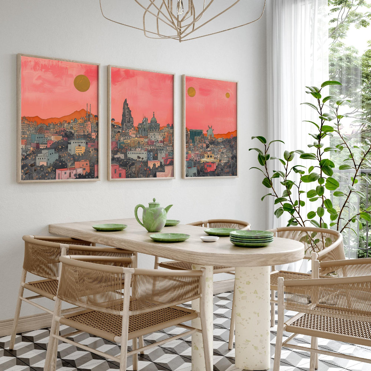 Mexico City Set of Three Prints | Pink Grey Skyline Three Gold Suns | Coral Cityscape Travel Art Print Poster Illustration