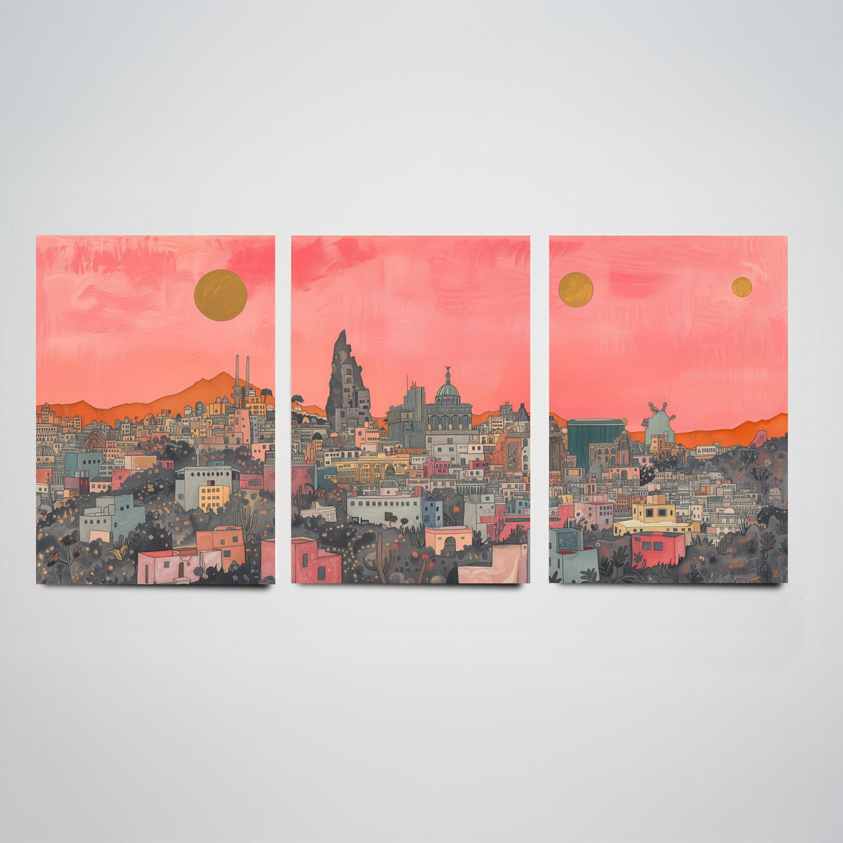 Mexico City Set of Three Prints | Pink Grey Skyline Three Gold Suns | Coral Cityscape Travel Art Print Poster Illustration