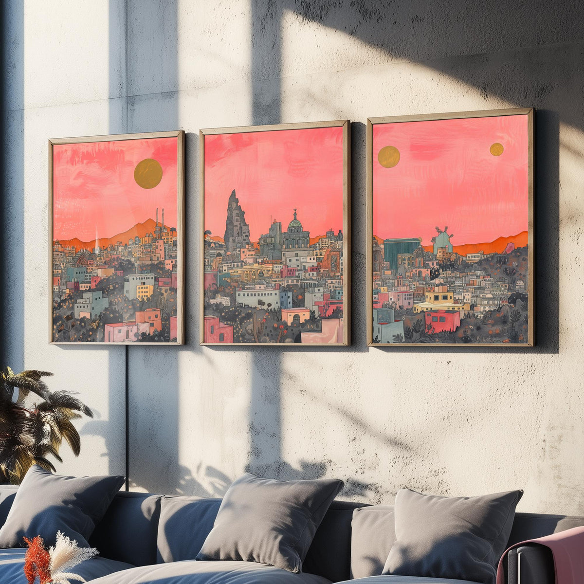 Mexico City Set of Three Prints | Pink Grey Skyline Three Gold Suns | Coral Cityscape Travel Art Print Poster Illustration