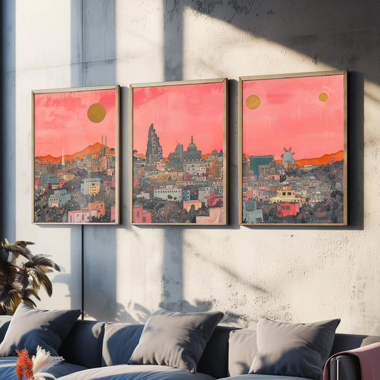 Mexico City Set of Three Prints | Pink Grey Skyline Three Gold Suns | Coral Cityscape Travel Art Print Poster Illustration