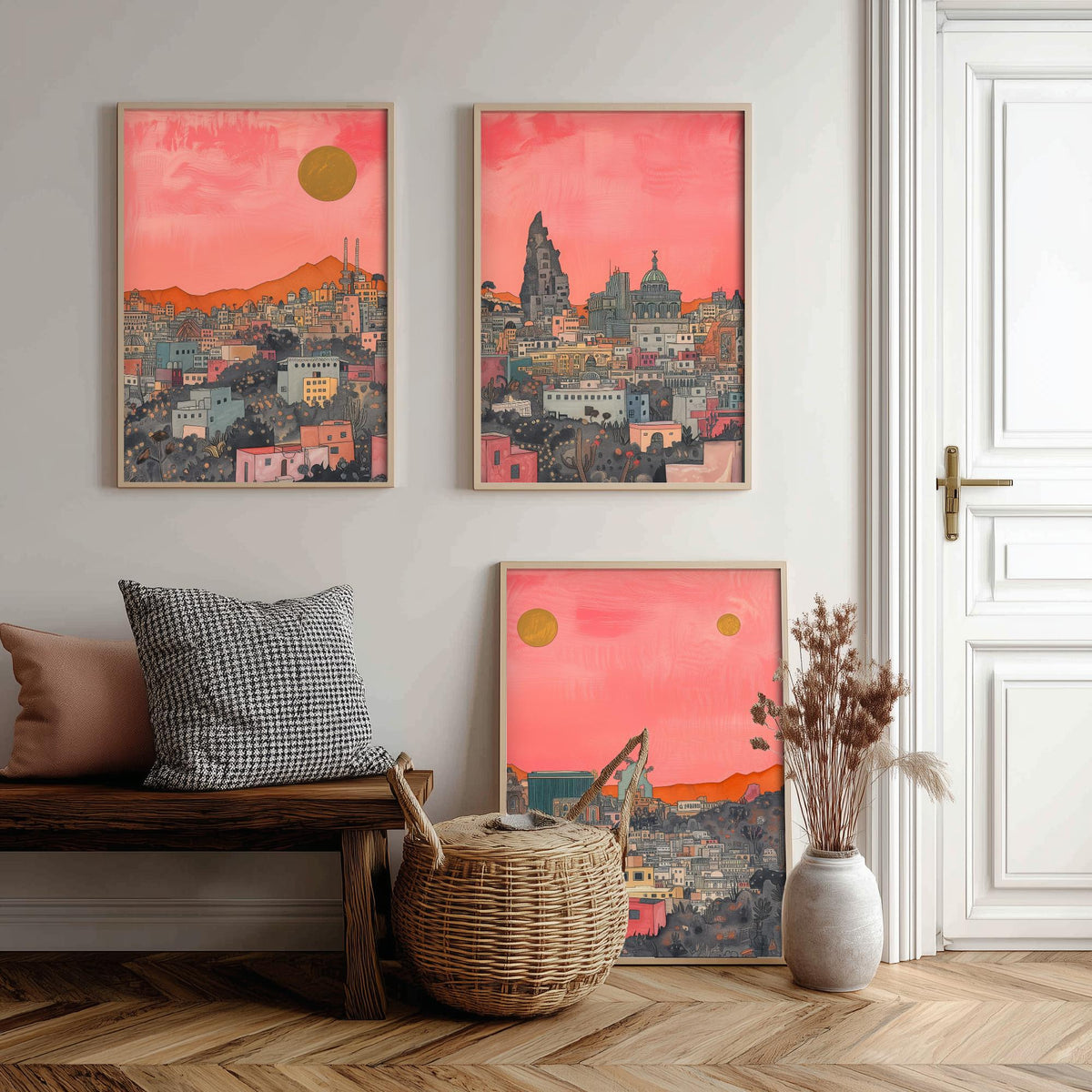 Mexico City Set of Three Prints | Pink Grey Skyline Three Gold Suns | Coral Cityscape Travel Art Print Poster Illustration