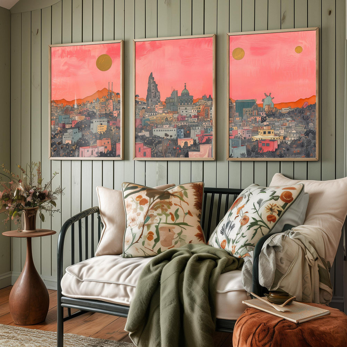 Mexico City Set of Three Prints | Pink Grey Skyline Three Gold Suns | Coral Cityscape Travel Art Print Poster Illustration