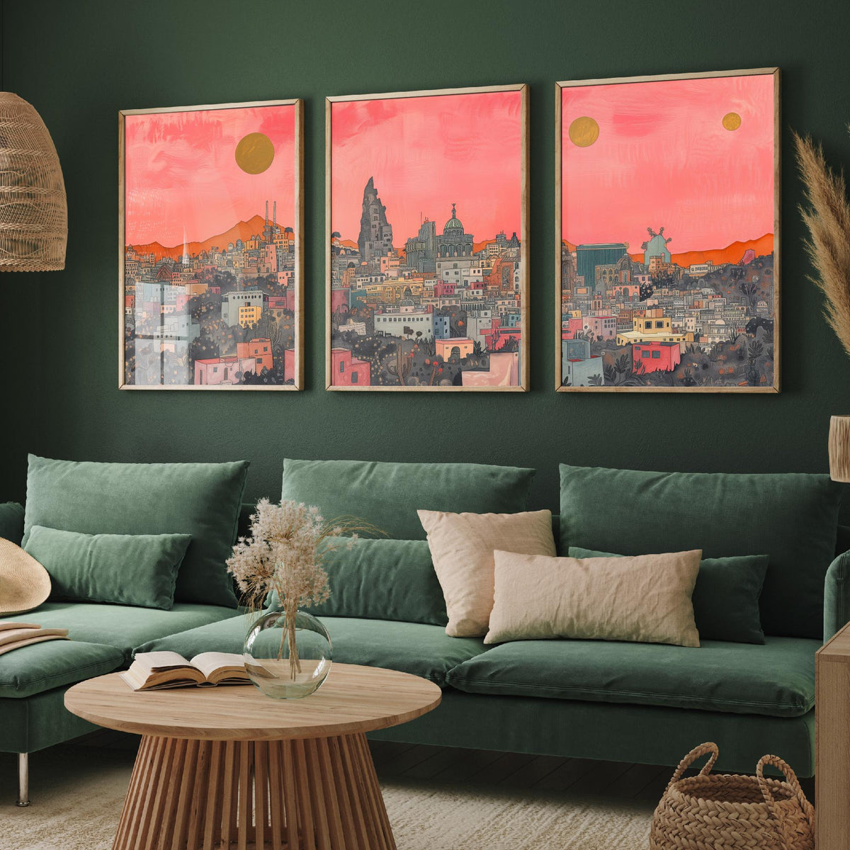 Mexico City Set of Three Prints | Pink Grey Skyline Three Gold Suns | Coral Cityscape Travel Art Print Poster Illustration