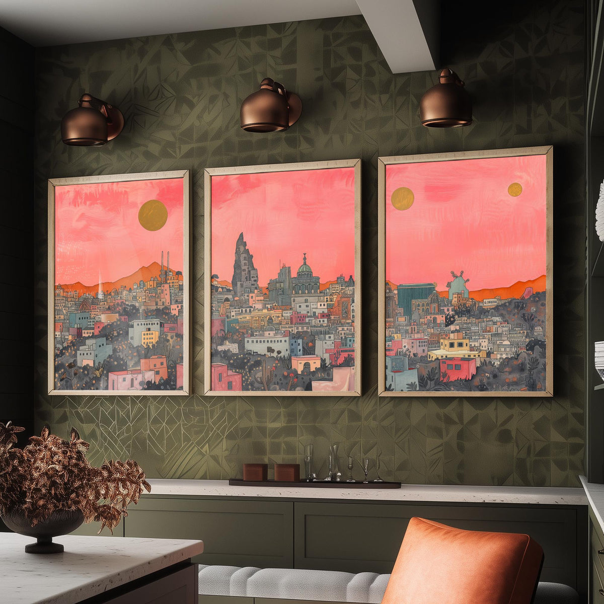 Mexico City Set of Three Prints | Pink Grey Skyline Three Gold Suns | Coral Cityscape Travel Art Print Poster Illustration