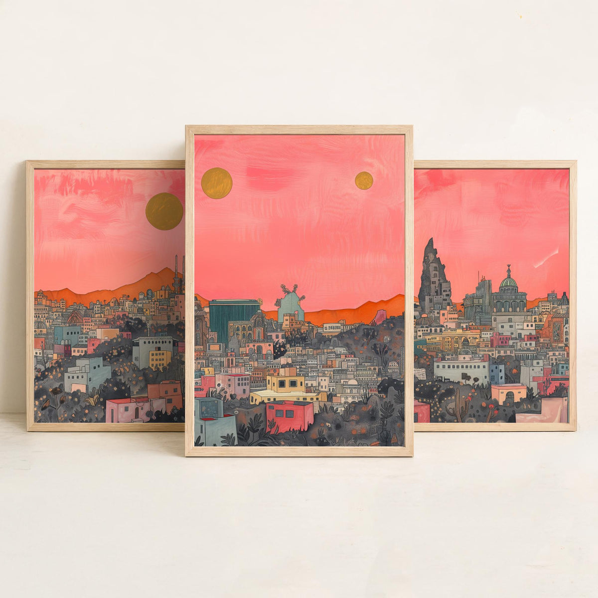 Mexico City Set of Three Prints | Pink Grey Skyline Three Gold Suns | Coral Cityscape Travel Art Print Poster Illustration