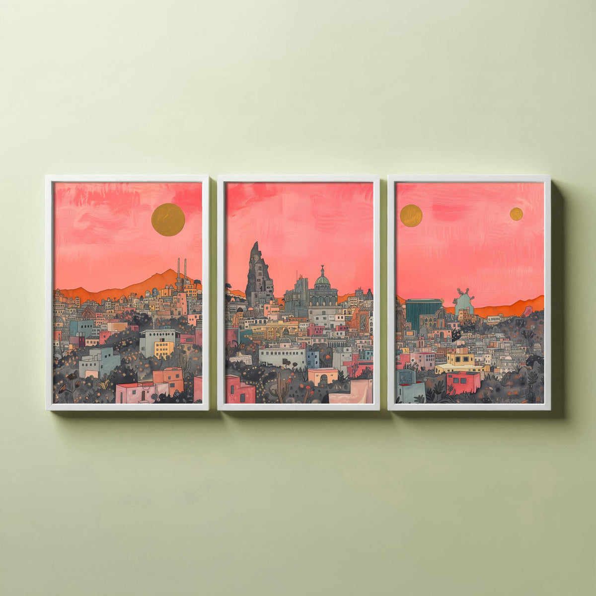 Mexico City Set of Three Prints | Pink Grey Skyline Three Gold Suns | Coral Cityscape Travel Art Print Poster Illustration