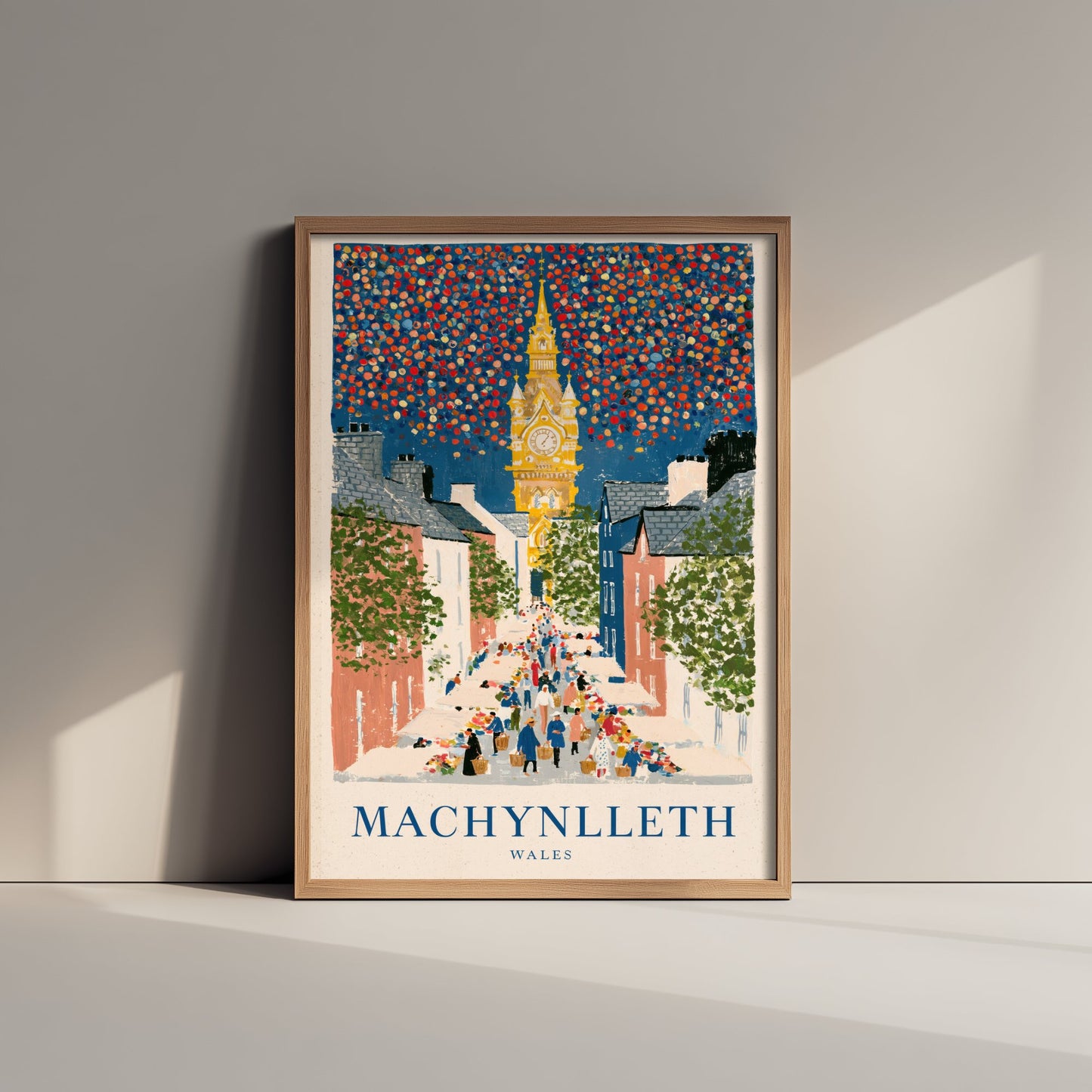 Machynlleth Wales Travel Poster - Clock Tower and Market Day Painting - Naive Gouache Style Art Print 1/3