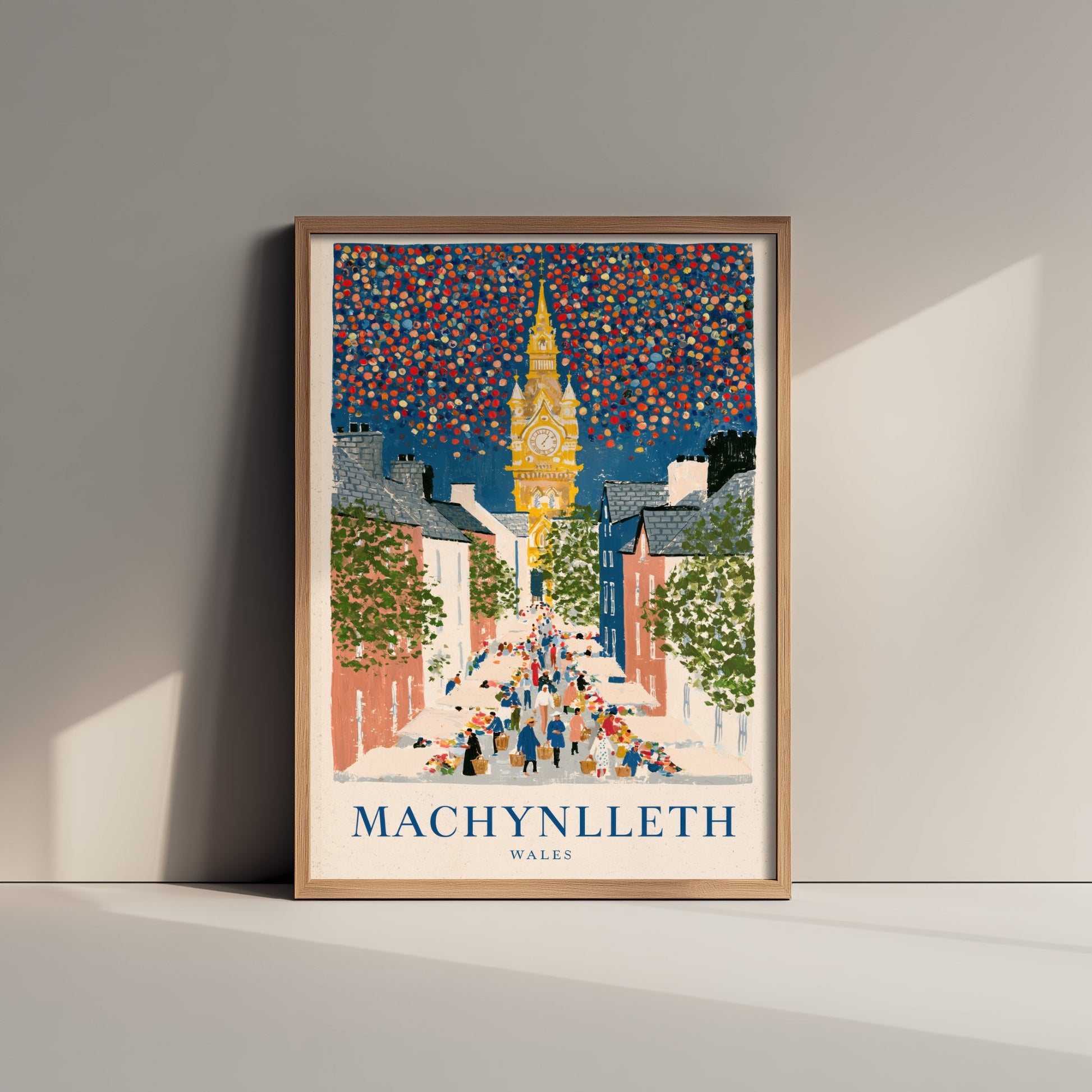 Machynlleth Wales Travel Poster - Clock Tower and Market Day Painting - Naive Gouache Style Art Print 1/3