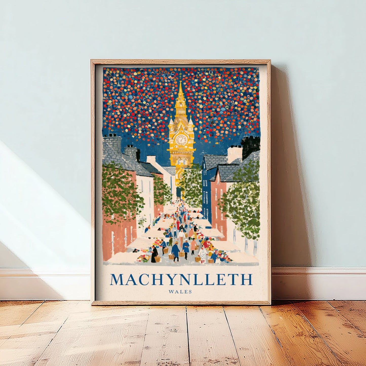 Machynlleth Wales Travel Poster - Clock Tower and Market Day Painting - Naive Gouache Style Art Print 1/3
