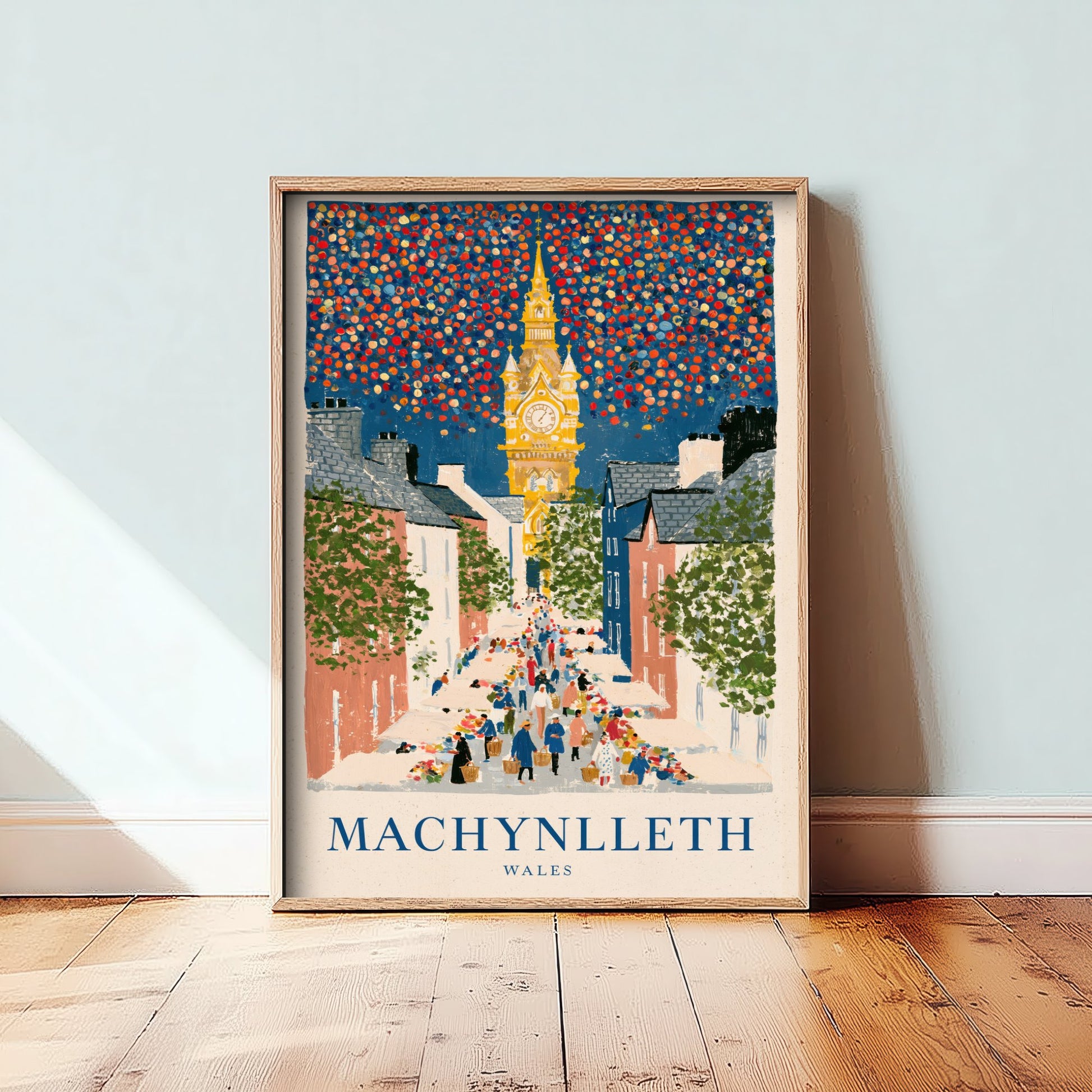 Machynlleth Wales Travel Poster - Clock Tower and Market Day Painting - Naive Gouache Style Art Print 1/3