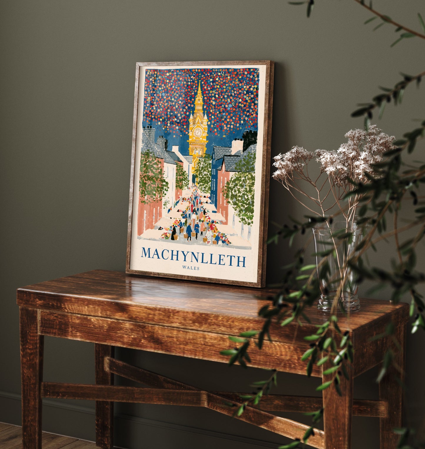 Machynlleth Wales Travel Poster - Clock Tower and Market Day Painting - Naive Gouache Style Art Print 1/3