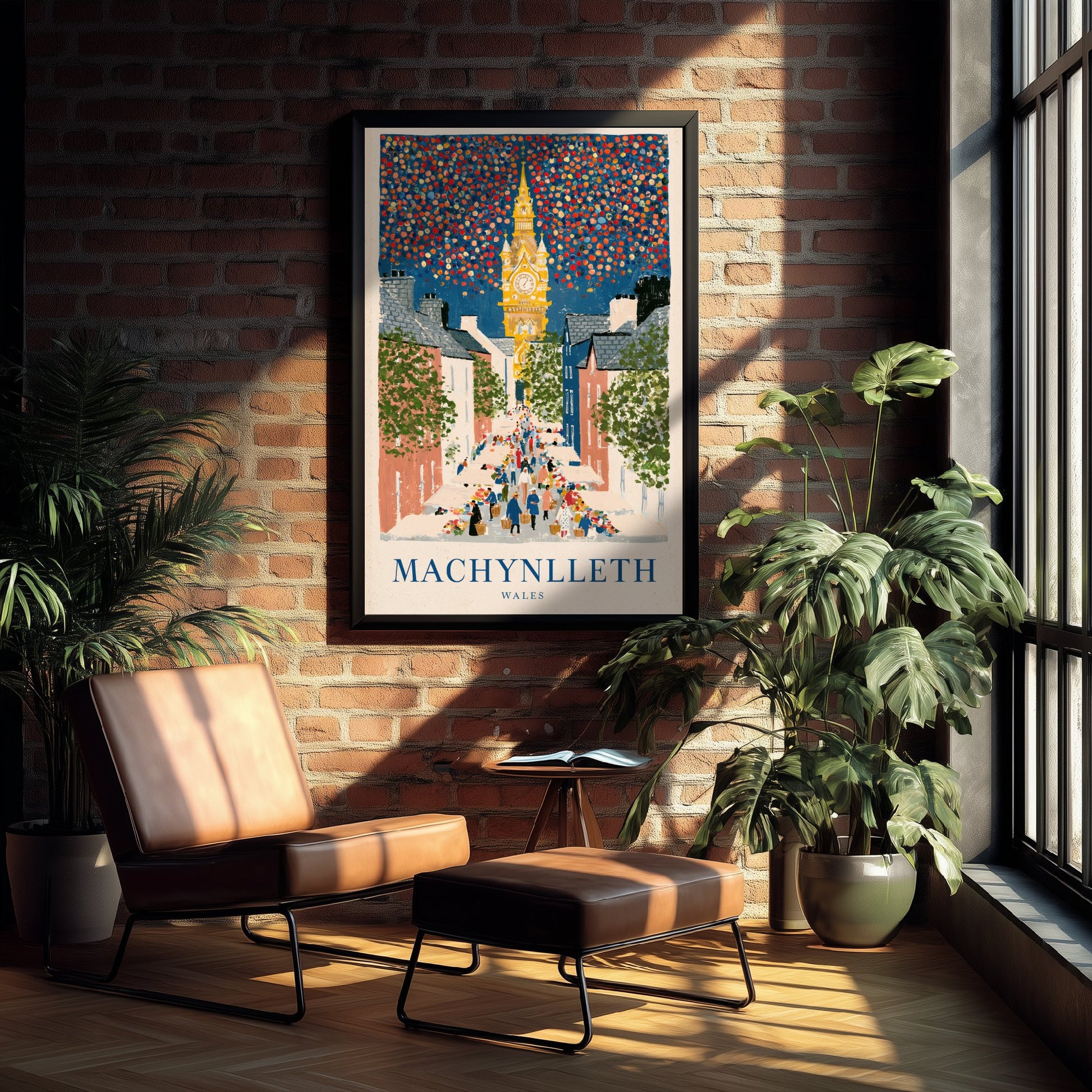 Machynlleth Wales Travel Poster - Clock Tower and Market Day Painting - Naive Gouache Style Art Print 1/3
