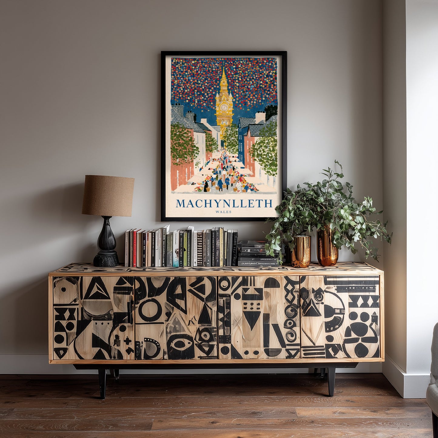 Machynlleth Wales Travel Poster - Clock Tower and Market Day Painting - Naive Gouache Style Art Print 1/3