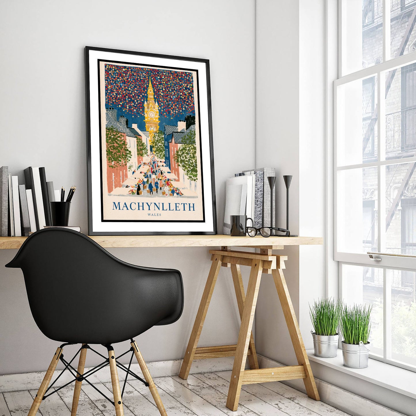 Machynlleth Wales Travel Poster - Clock Tower and Market Day Painting - Naive Gouache Style Art Print 1/3