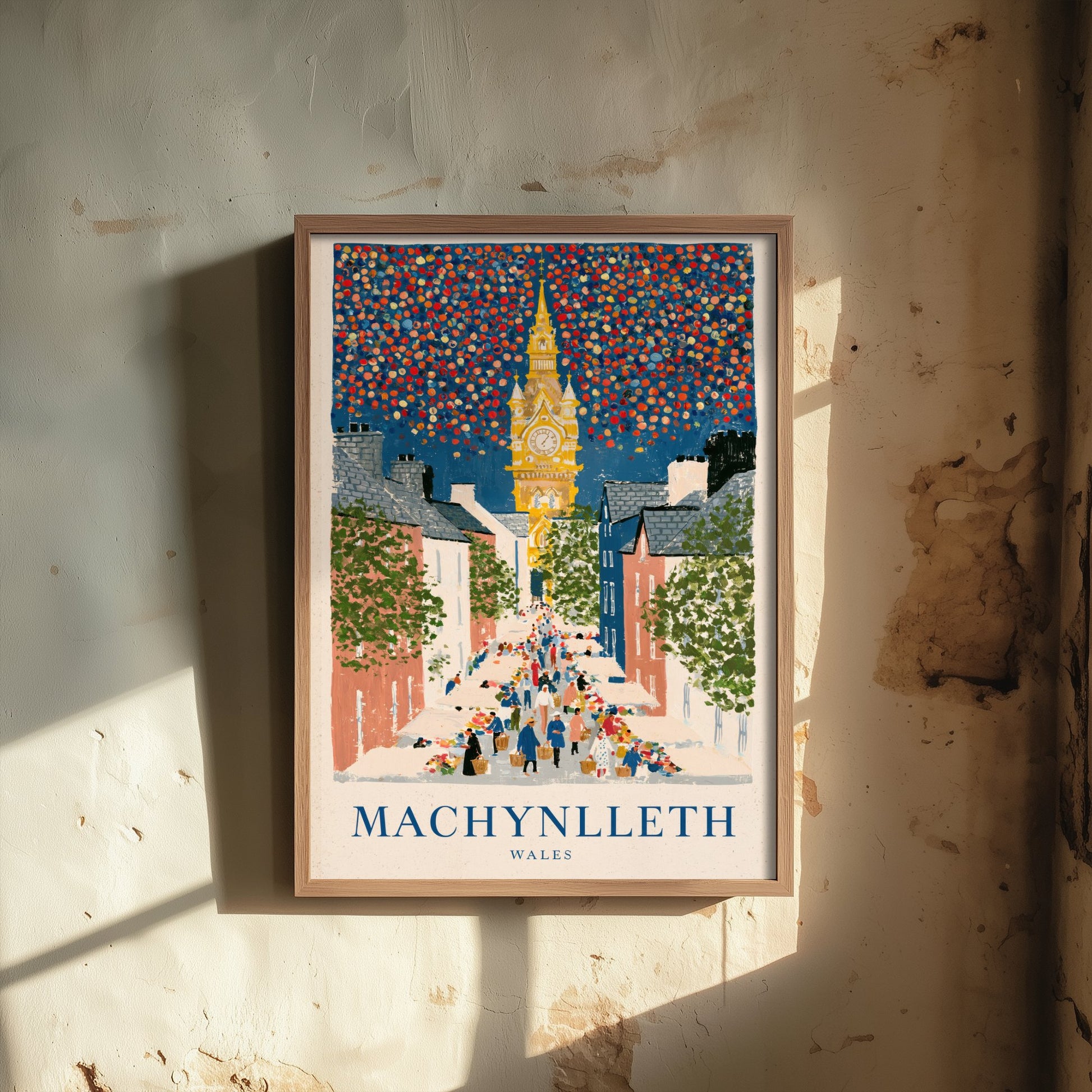 Machynlleth Wales Travel Poster - Clock Tower and Market Day Painting - Naive Gouache Style Art Print 1/3