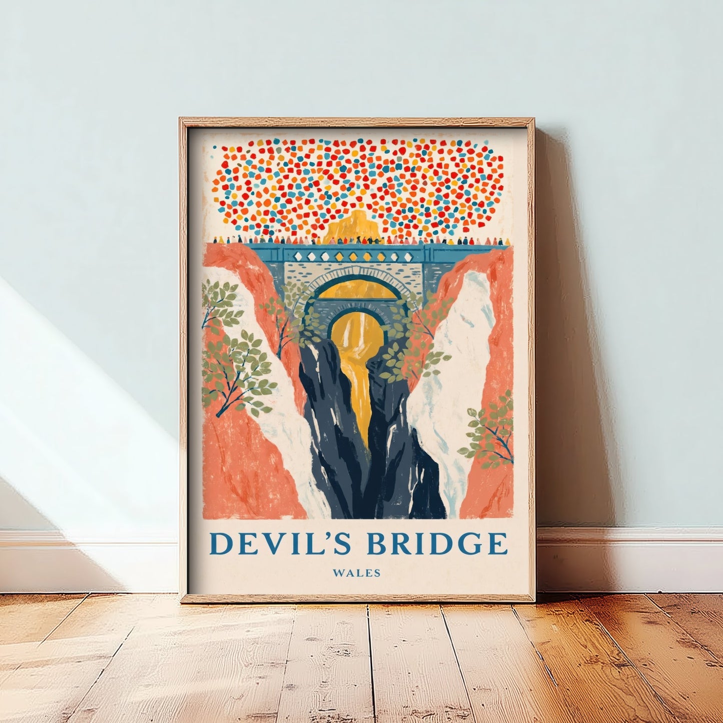Devil's Bridge Wales Art Print - Three Bridges and Waterfalls Painting - Naive Gouache Travel Poster 2/3