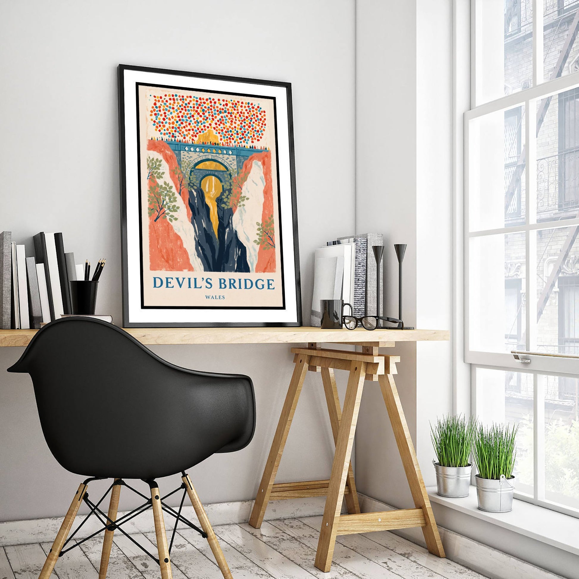 Devil's Bridge Wales Art Print - Three Bridges and Waterfalls Painting - Naive Gouache Travel Poster 2/3