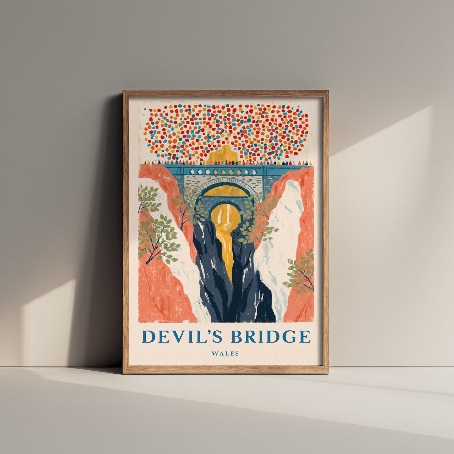 Devil's Bridge Wales Art Print - Three Bridges and Waterfalls Painting - Naive Gouache Travel Poster 2/3