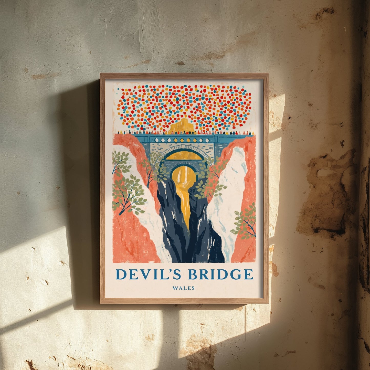 Devil's Bridge Wales Art Print - Three Bridges and Waterfalls Painting - Naive Gouache Travel Poster 2/3