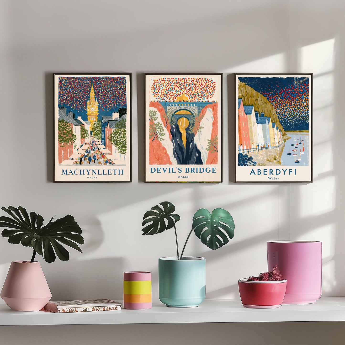 Mid Wales Set of Three Art Prints - Machynlleth, Devil's Bridge, Aberdyfi - Confetti Sky Travel Posters - Welsh Illustration