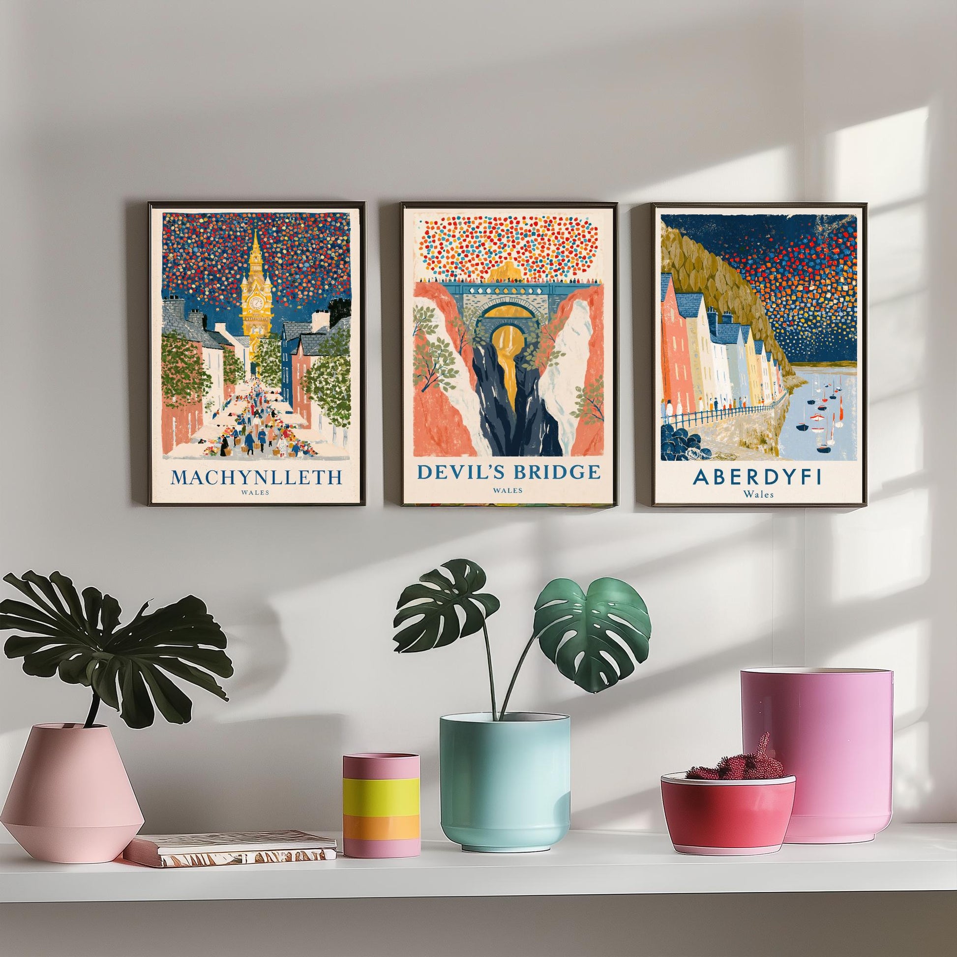 Mid Wales Set of Three Art Prints - Machynlleth, Devil's Bridge, Aberdyfi - Confetti Sky Travel Posters - Welsh Illustration