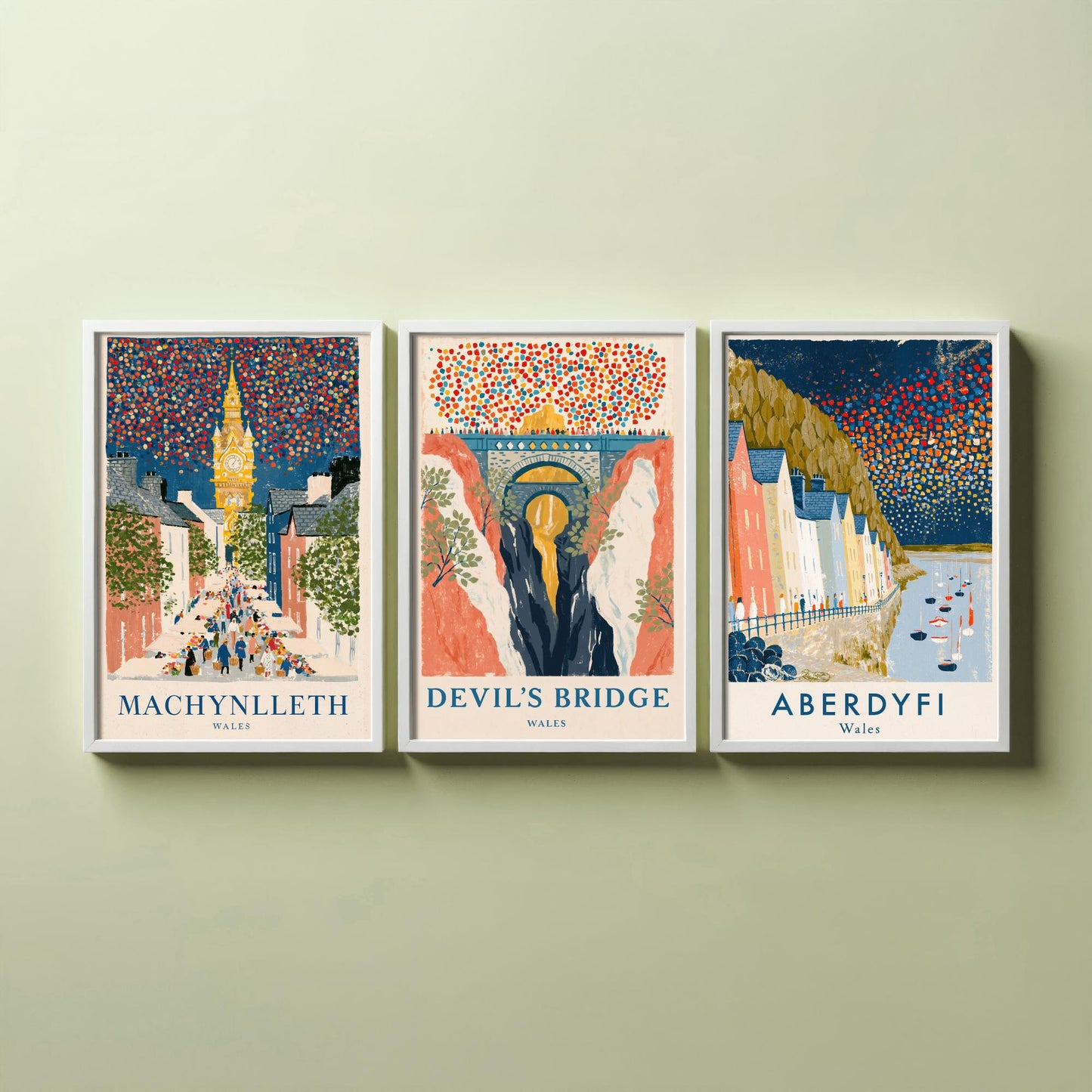 Mid Wales Set of Three Art Prints - Machynlleth, Devil's Bridge, Aberdyfi - Confetti Sky Travel Posters - Welsh Illustration