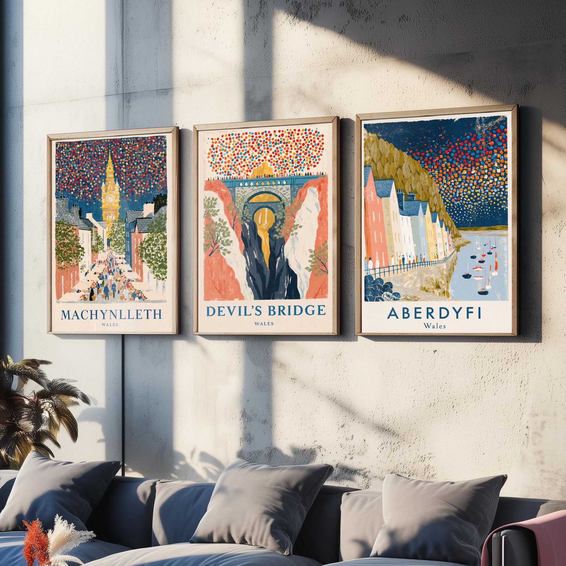 Mid Wales Set of Three Art Prints - Machynlleth, Devil's Bridge, Aberdyfi - Confetti Sky Travel Posters - Welsh Illustration