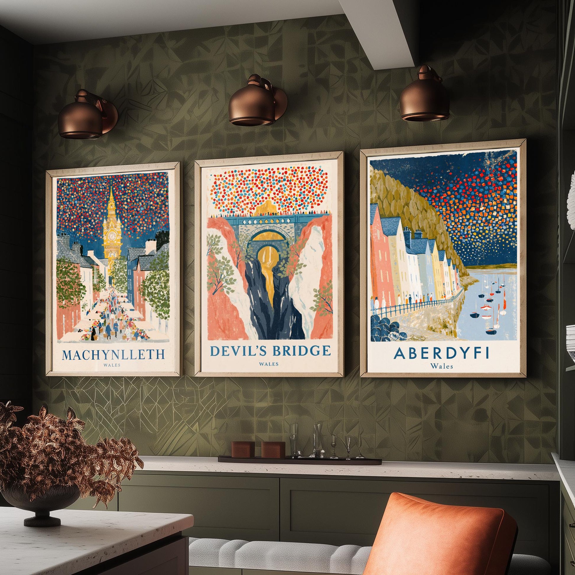 Mid Wales Set of Three Art Prints - Machynlleth, Devil's Bridge, Aberdyfi - Confetti Sky Travel Posters - Welsh Illustration