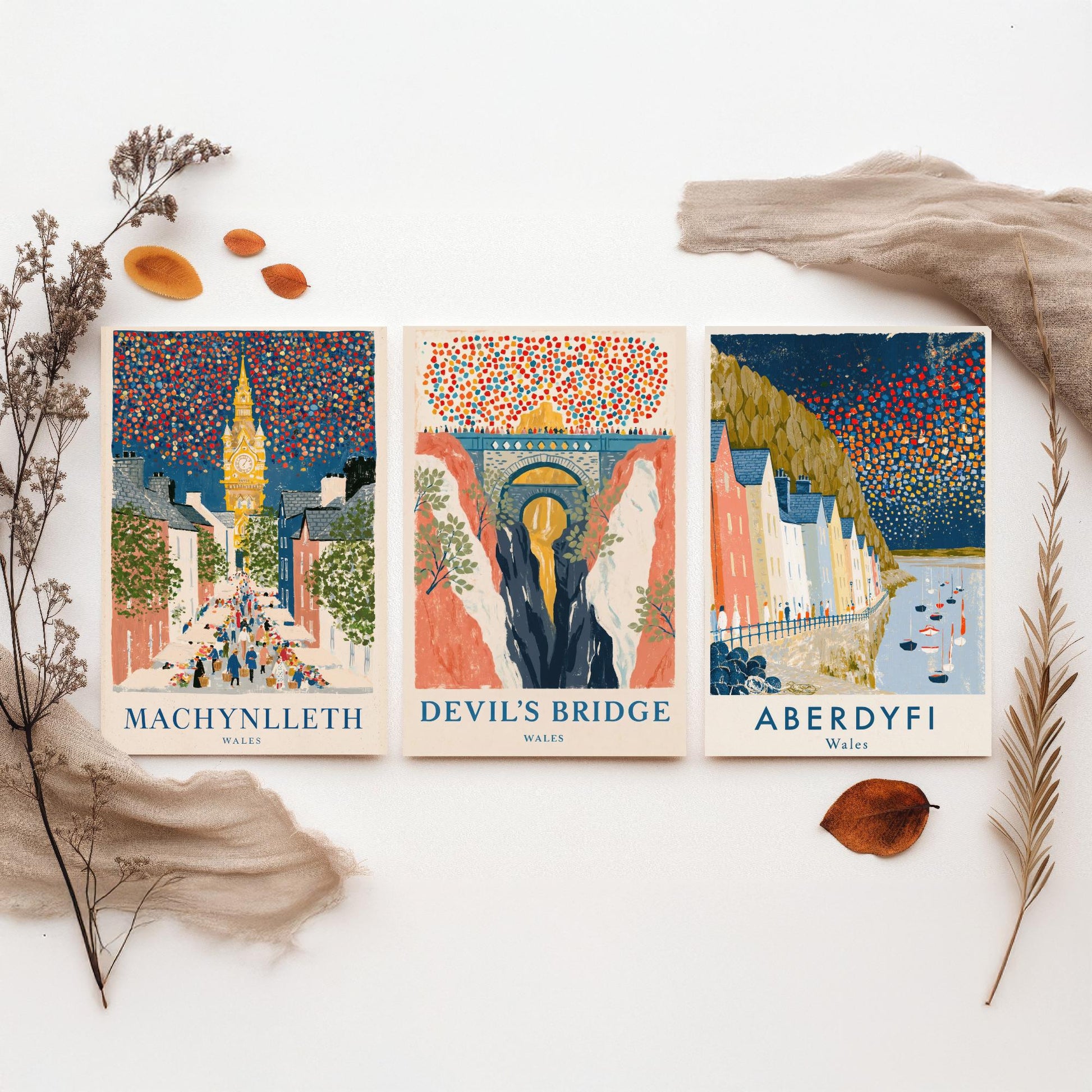 Mid Wales Set of Three Art Prints - Machynlleth, Devil's Bridge, Aberdyfi - Confetti Sky Travel Posters - Welsh Illustration