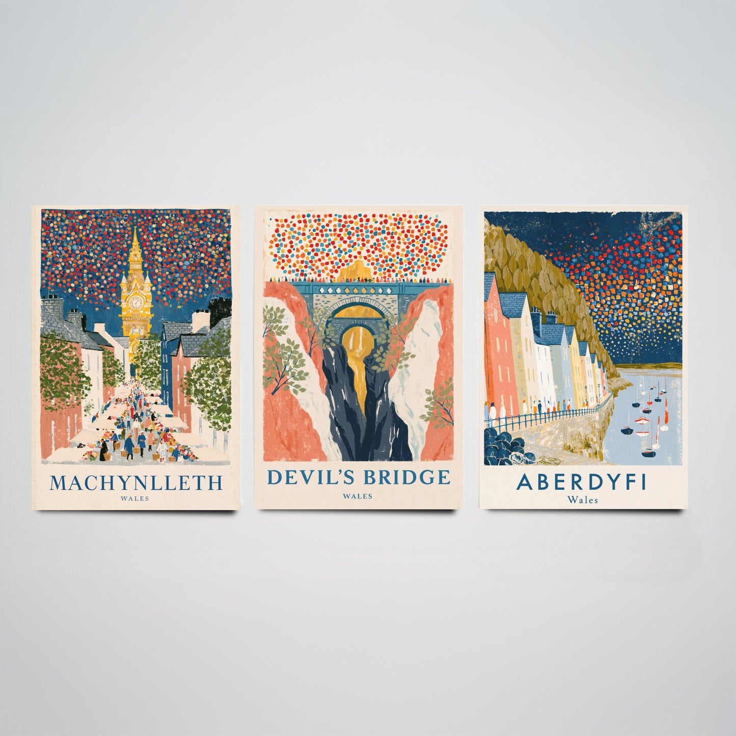 Mid Wales Set of Three Art Prints - Machynlleth, Devil's Bridge, Aberdyfi - Confetti Sky Travel Posters - Welsh Illustration