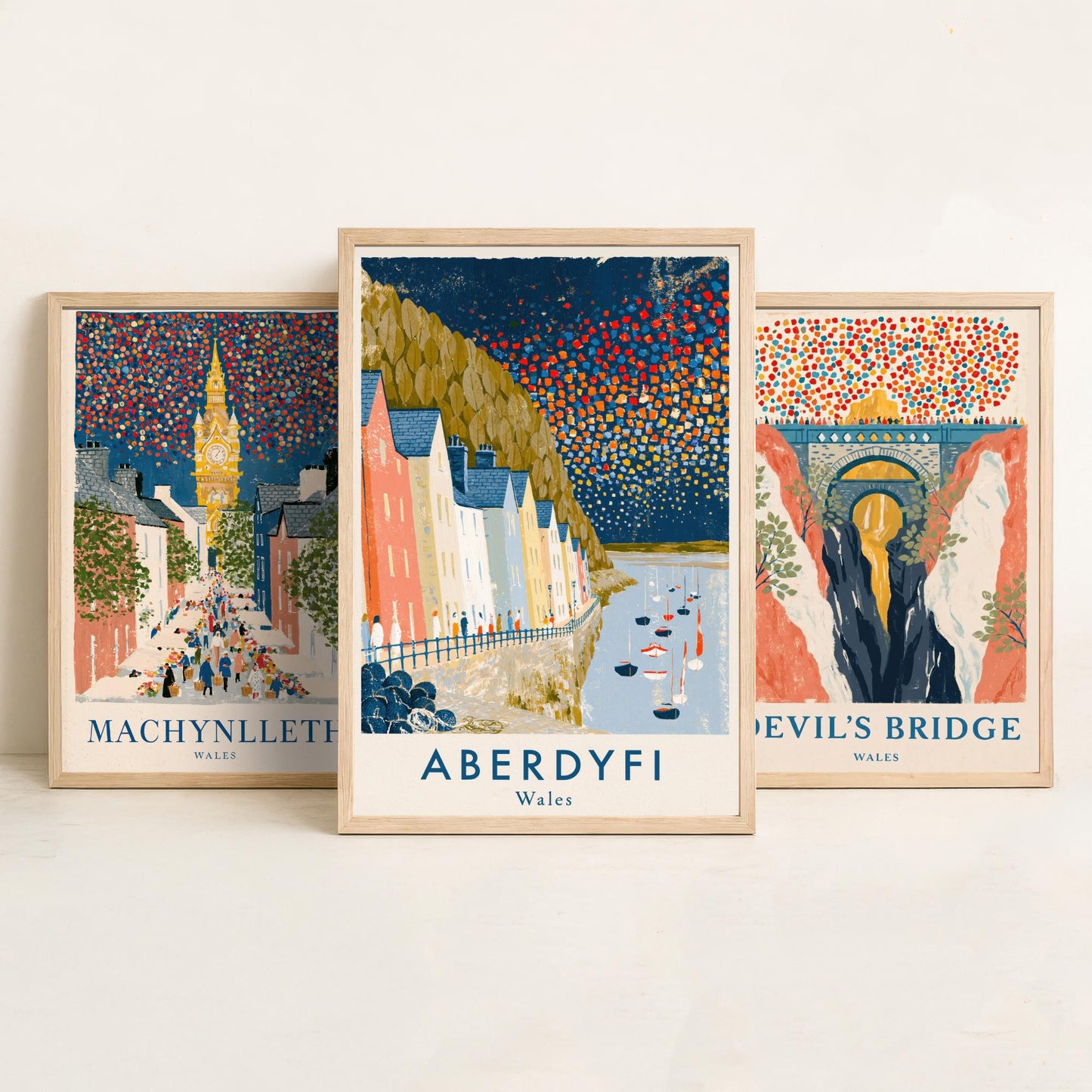 Mid Wales Set of Three Art Prints - Machynlleth, Devil's Bridge, Aberdyfi - Confetti Sky Travel Posters - Welsh Illustration